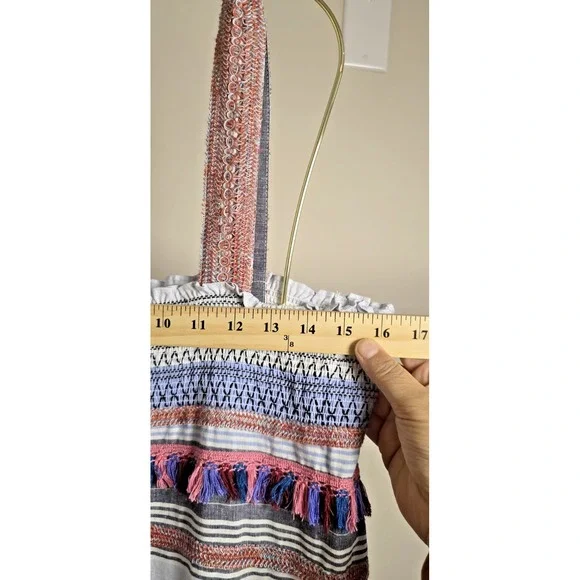 ZARA Boho Smocked Embroidered Midi Dress M Tassel Trim Multicolor Stripe Resort - Picture 13 of 16